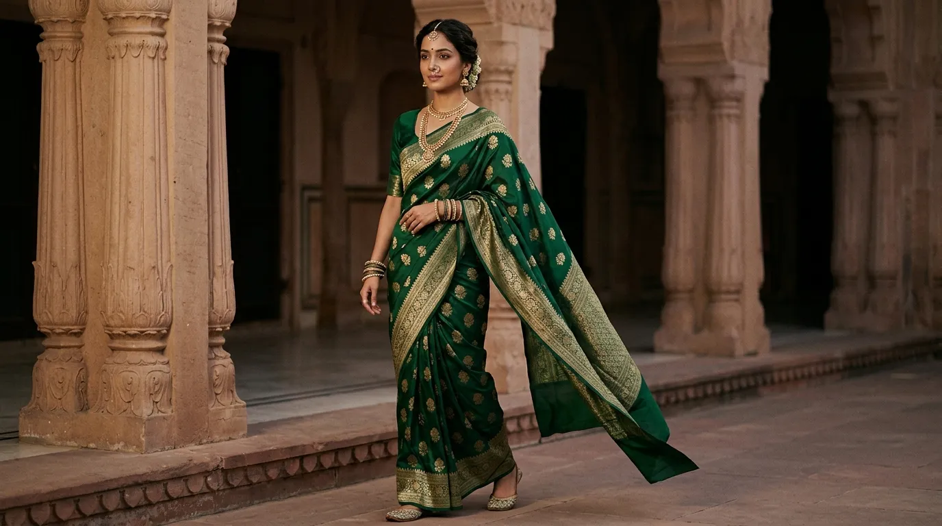 A highly editorial, cinematic photograph of a beautiful Indian woman wearing a luxurious Banarasi silk saree elegantly styled.