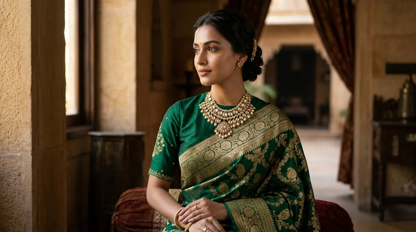 Close up of elegant saree styling with a fitted blouse and minimal jewelry