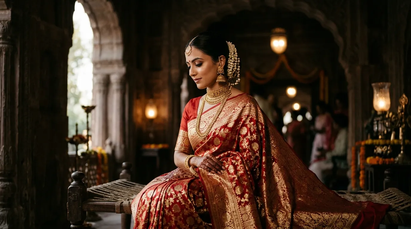 A highly editorial and cinematic photograph of an Indian bride wearing a rich, timeless Banarasi silk saree.