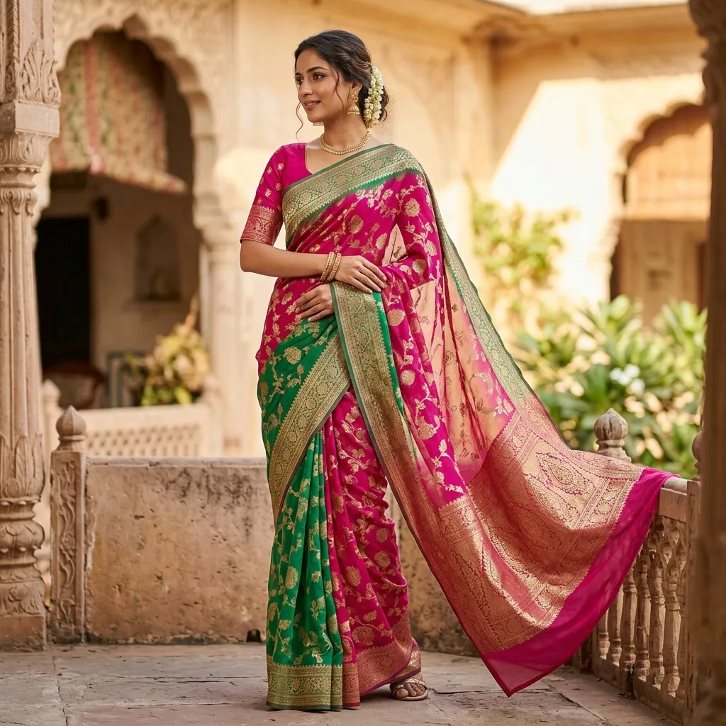 Banarasi Khaddi Chiffon saree draping elegantly, lightweight and flowing, vibrant colors, intricate zari work, high quality editorial shot