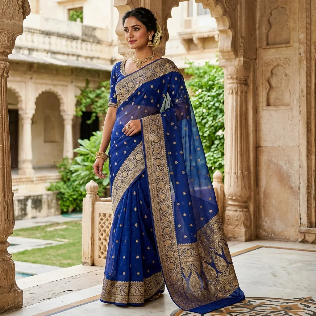 Banarasi Organza saree with a crisp, structured drape, sheer and lightweight fabric, beautiful zari border and motifs, high quality editorial shot