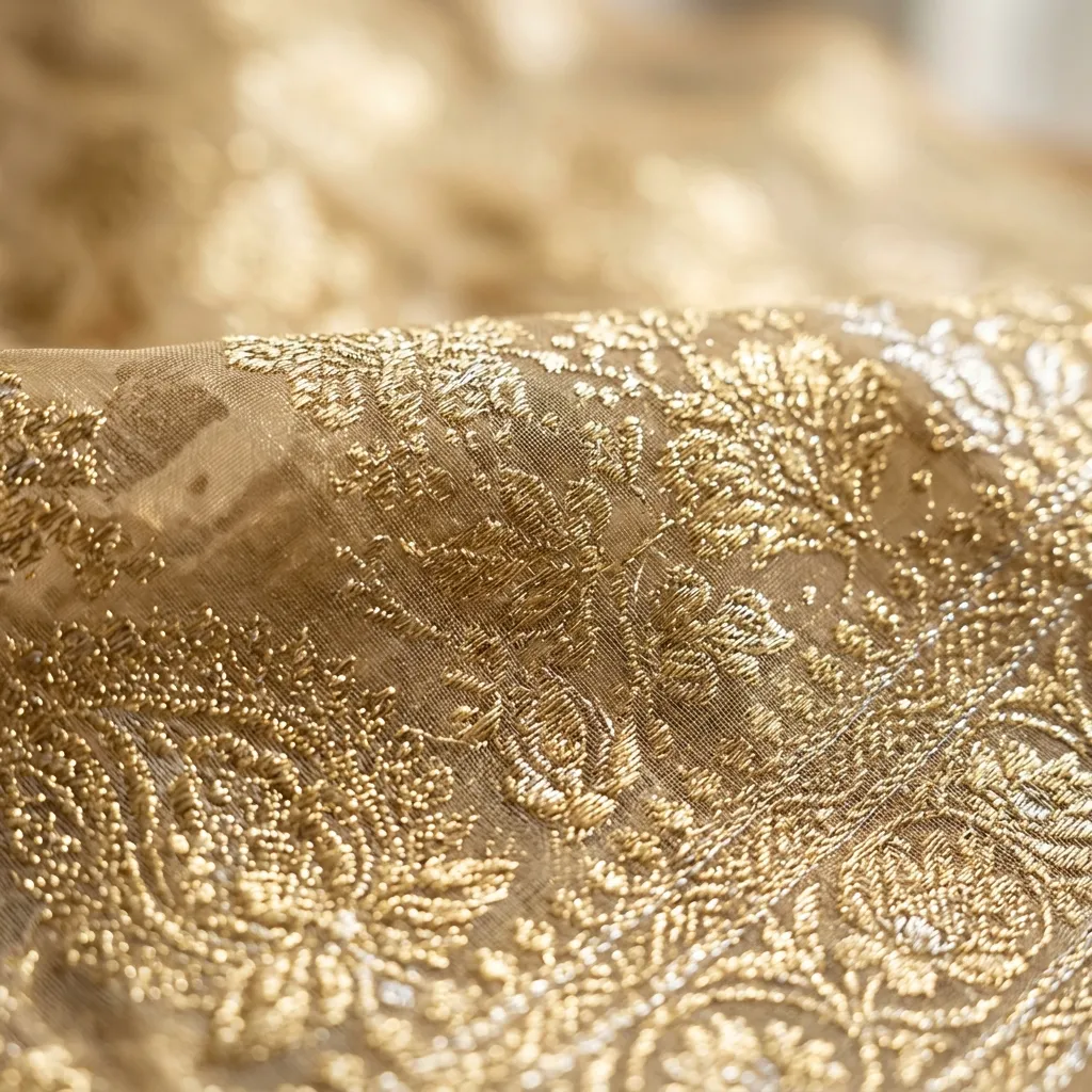 Extreme close up macro shot of a luxurious metallic gold Banarasi tissue saree showing the zari weft and silk warp