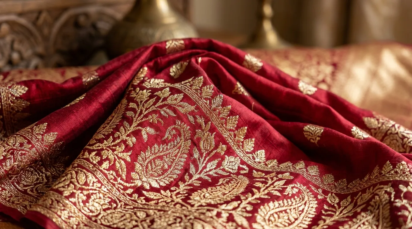 Macro photograph of deep crimson red Banarasi silk glowing with an inner luminescence