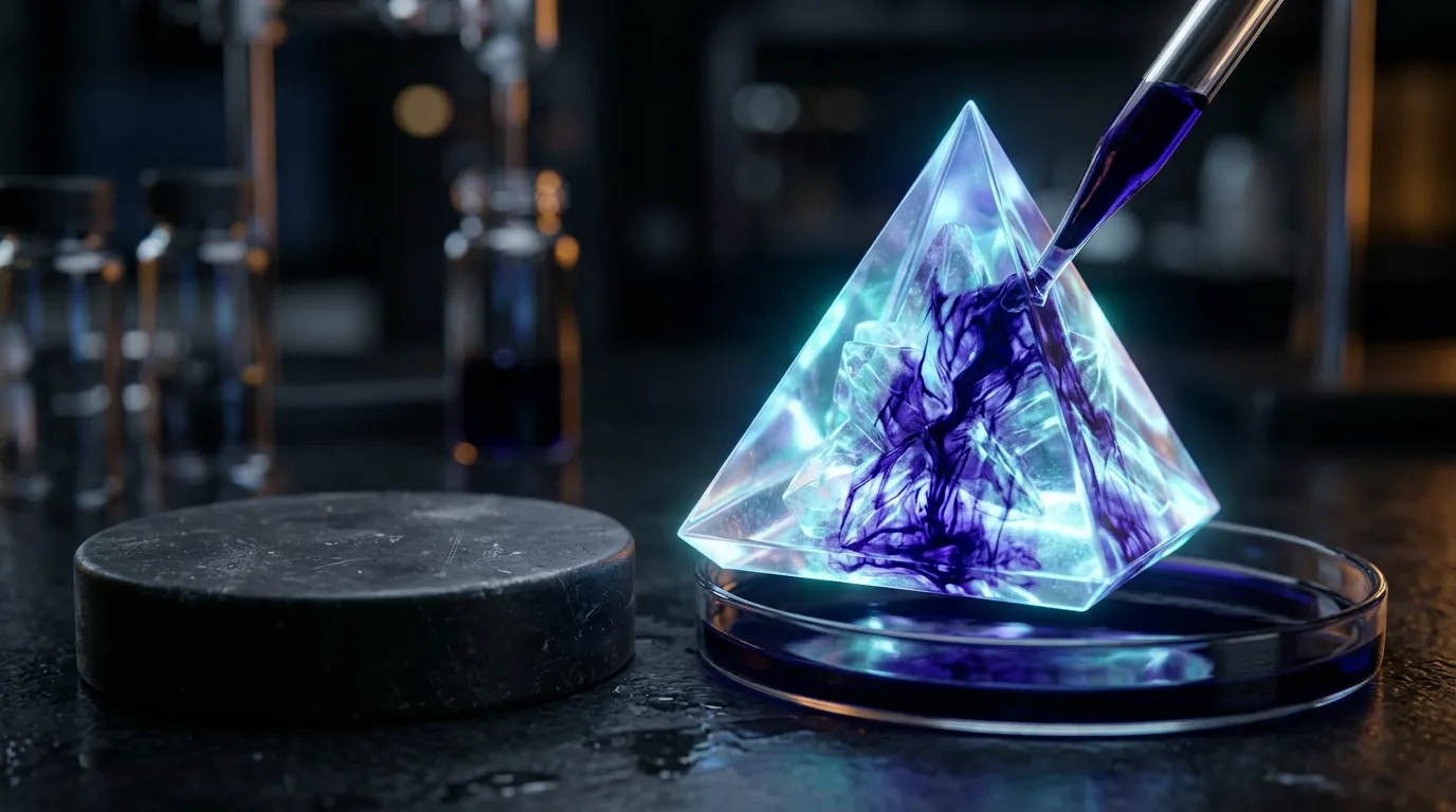 3D macro render of a glowing triangular crystal structure absorbing deep rich dye