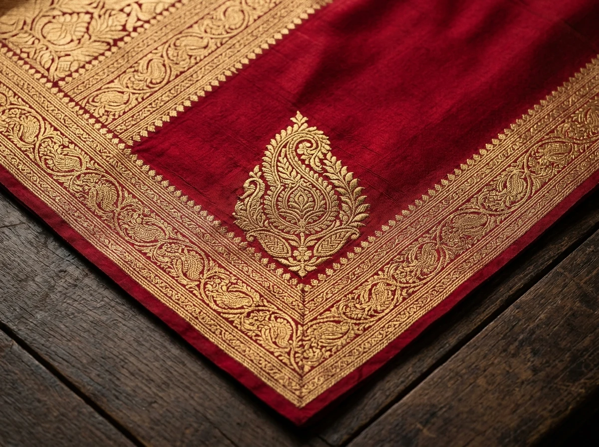 Editorial macro studio photograph of an authentic royal crimson and 24K gold Banarasi silk saree showing the seamless outer hem and authentic raised Kadhwa Konia corner motif.