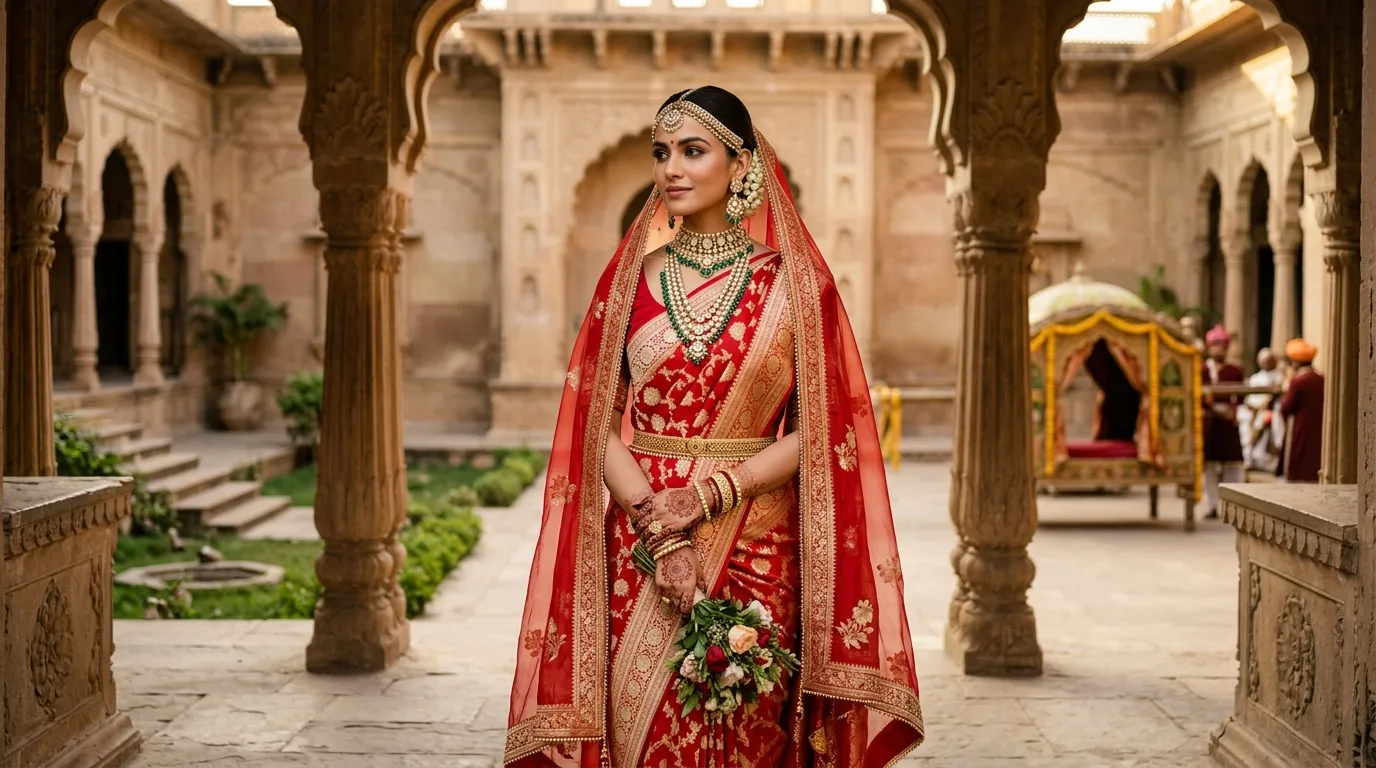 Real bride in Crimson red Pure Katan Silk Banarasi saree with Sonarupa Kadhua floral jaal and antique gold jewellery