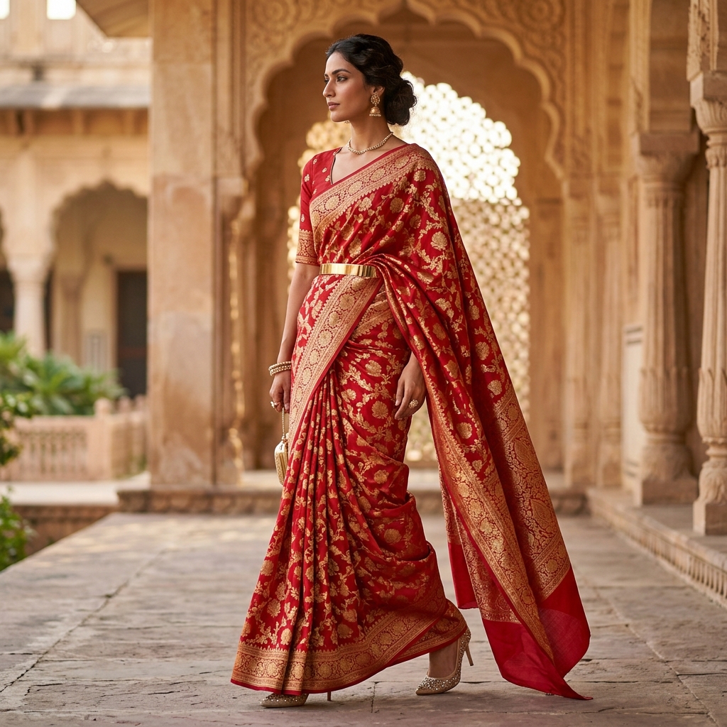 A modern belted drape of a pure Banarasi silk saree