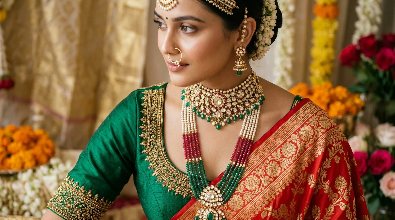 Bridal jewellery and blouse neckline harmony with layered Polki choker, Rani haar, and contrast deep green zardozi blouse