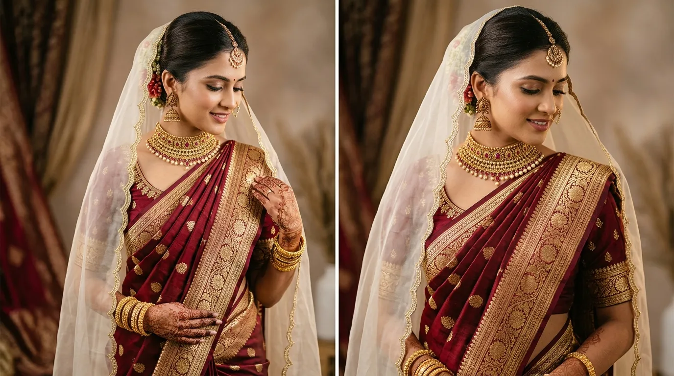 Bridal Banarasi double dupatta draping technique showing structured shoulder pleats paired with translucent lightweight head veil