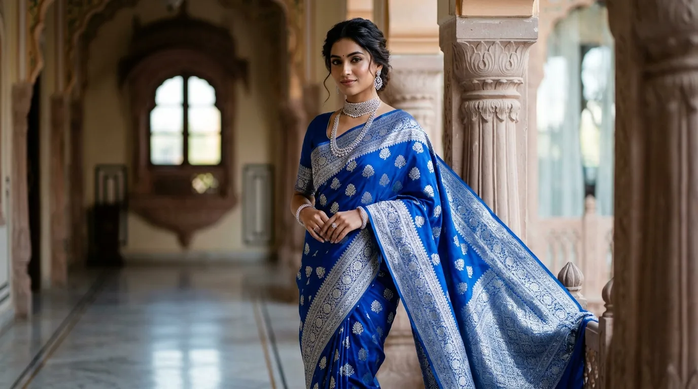 Cool undertone jewelry with royal blue Banarasi silk