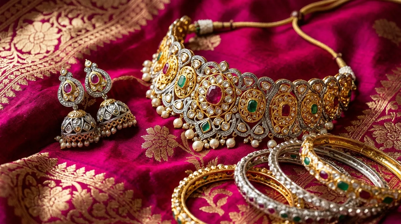 Mixed metals and gemstones on Banarasi saree