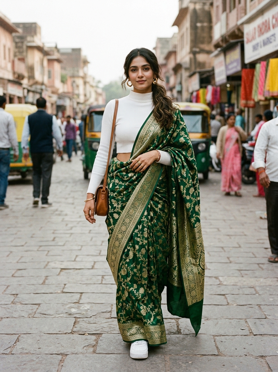 A young woman styling a vintage Banarasi saree with a modern white ribbed crop top, embodying the Heirloom-Core street style trend