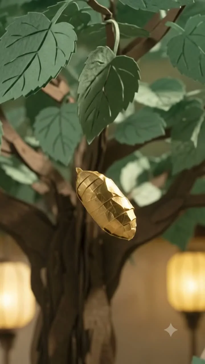 Origami Golden Cocoon Falling from Mulberry Tree