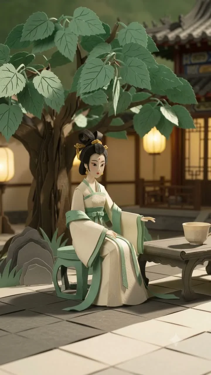 Handcrafted paper cut stop-motion art of Empress Leizu seated under imperial mulberry trees with a steaming teacup in ancient China