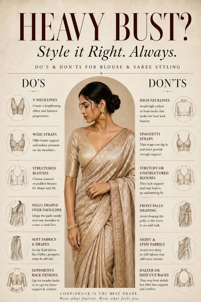 Do's and Don'ts Infographic for Heavy Bust Saree and Blouse Styling by Shri Geeta Sarees