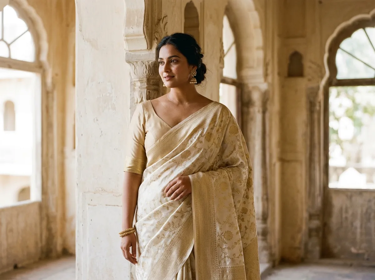 Editorial photograph of an Indian woman in a masterfully tailored V-neck blouse and ivory gold Banarasi silk saree for heavy bust styling by Shri Geeta Sarees