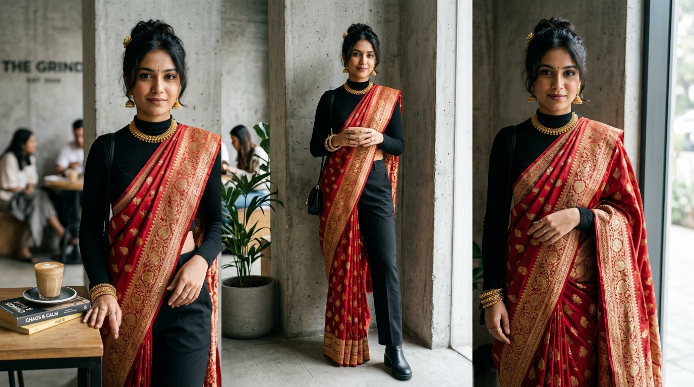 A highly cinematic editorial shot of a stylish young Gen Z woman wearing her grandmother's heavy vintage Banarasi silk saree