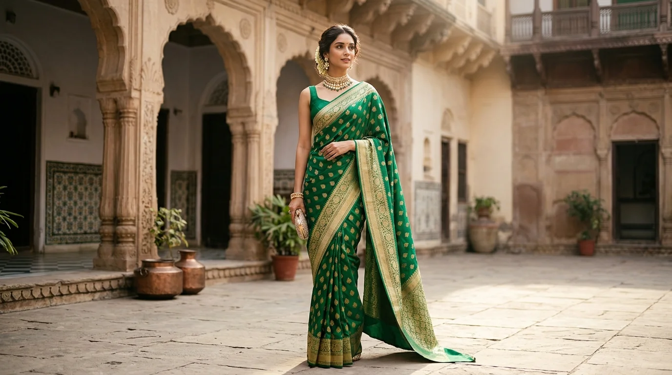 Editorial portrait of an Indian woman in an emerald green and gold Banarasi saree with slimming floating pallu and princess-cut blouse by Shri Geeta Sarees