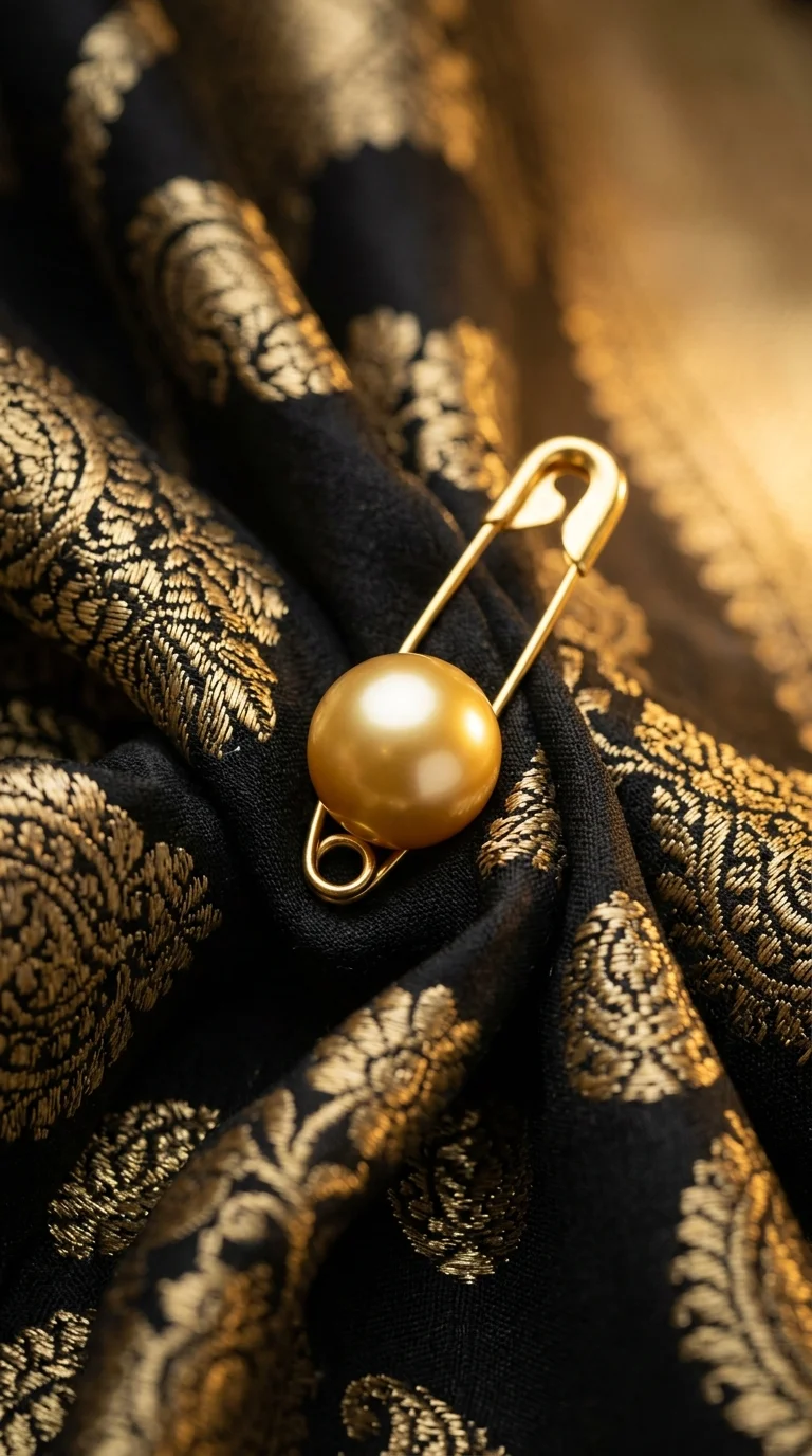 Extreme macro photograph of a lustrous golden pearl fitted on a safety pin holding black and gold Banarasi silk pleats without snagging.