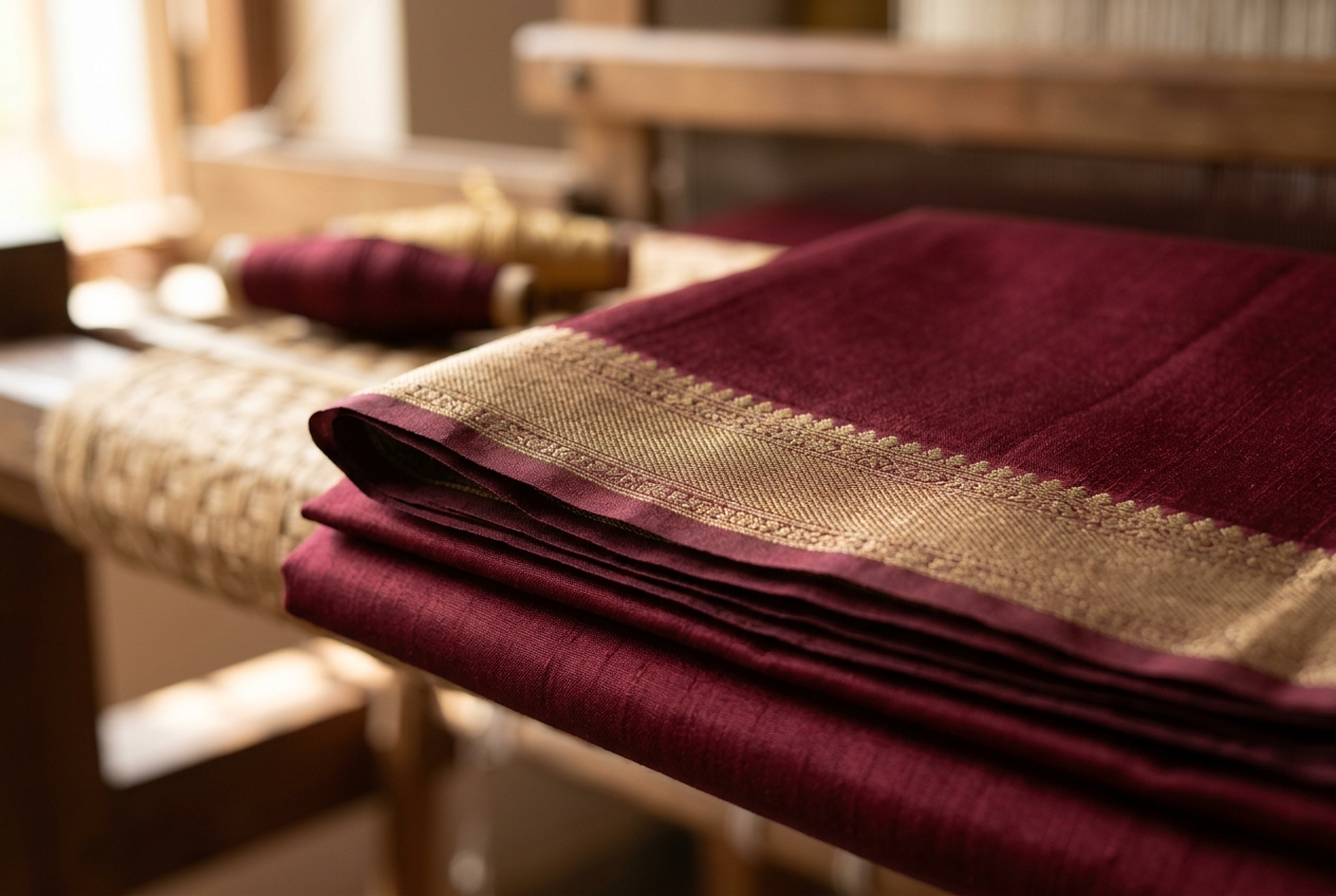 A close up macro shot of the rich, smooth texture of pure Katan silk featuring an understated dull gold zari border
