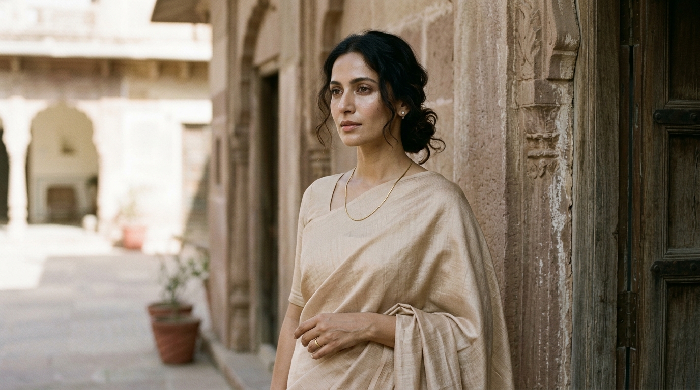 A minimalist pastel beige Banarasi Katan silk saree exuding quiet luxury