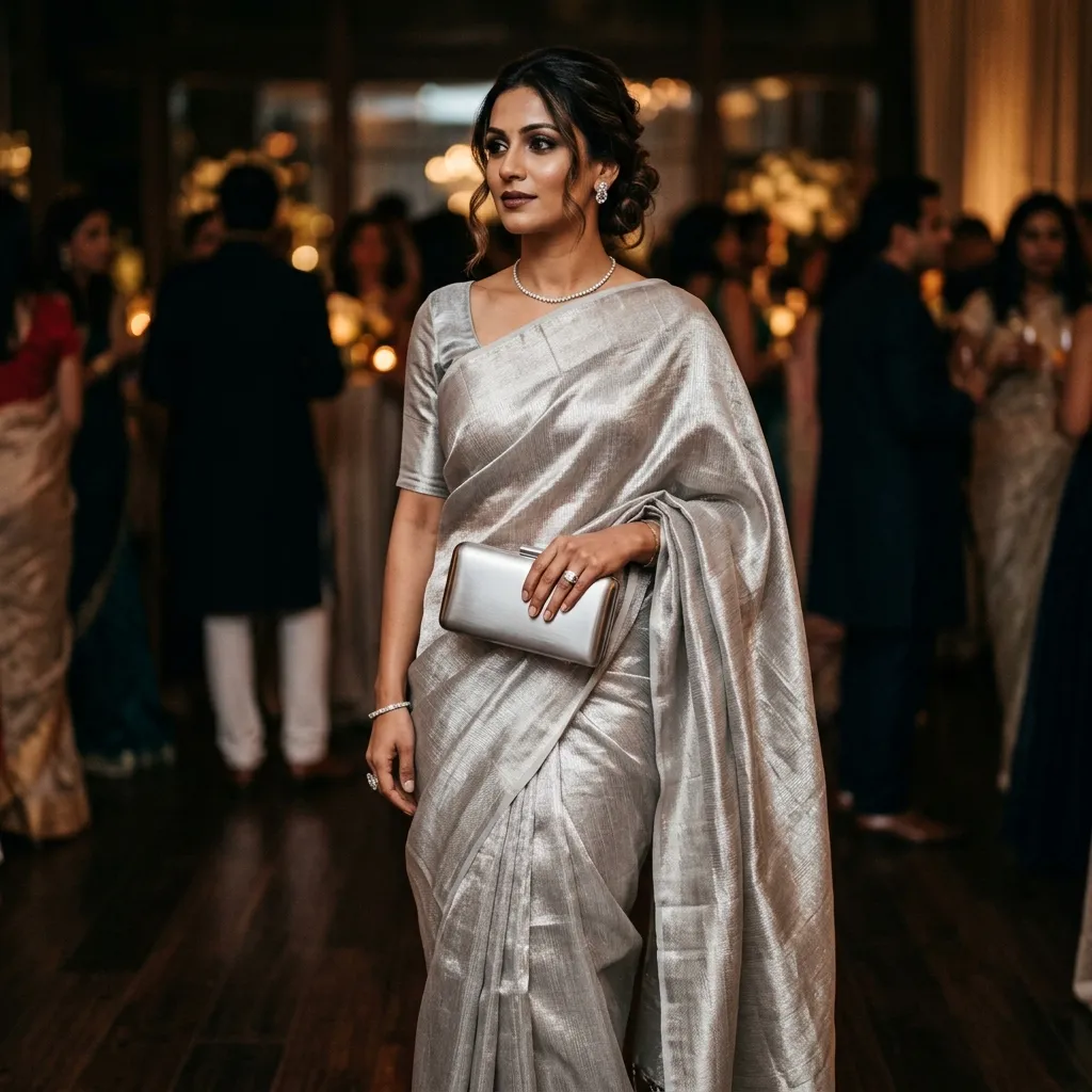 Woman wearing a metallic tissue silk saree holding a sleek modern clutch