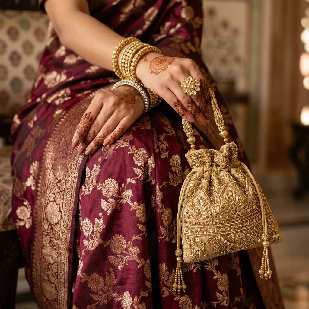 Woman wearing a heavy Banarasi silk saree holding a traditional potli bag