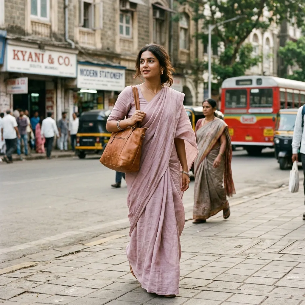 A beautiful Indian woman walking outdoors wearing a subtle pastel linen saree and carrying a premium tan leather tote bag.
