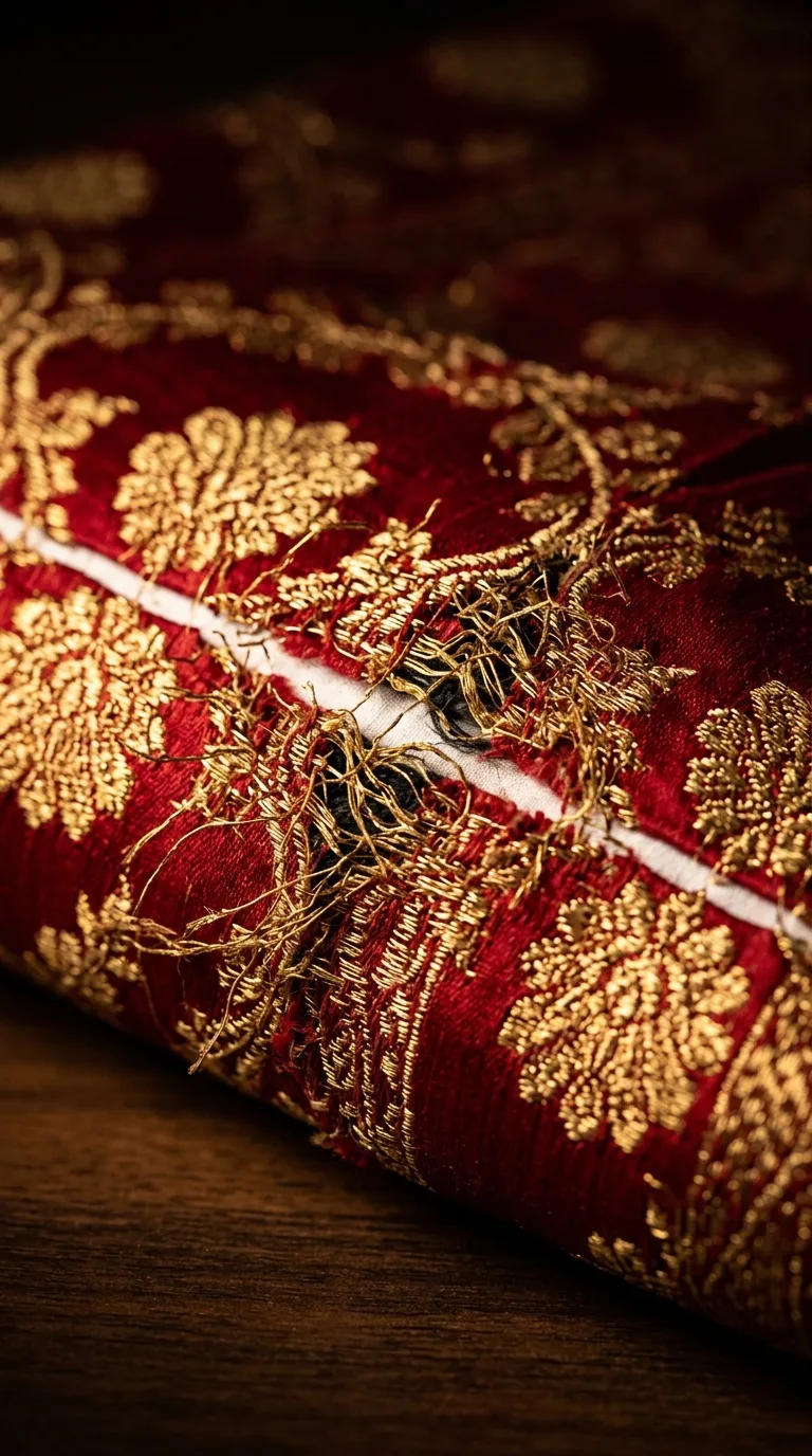 Macro close-up photograph of snapped gold zari threads and a permanent horizontal white crease mark across pure silk