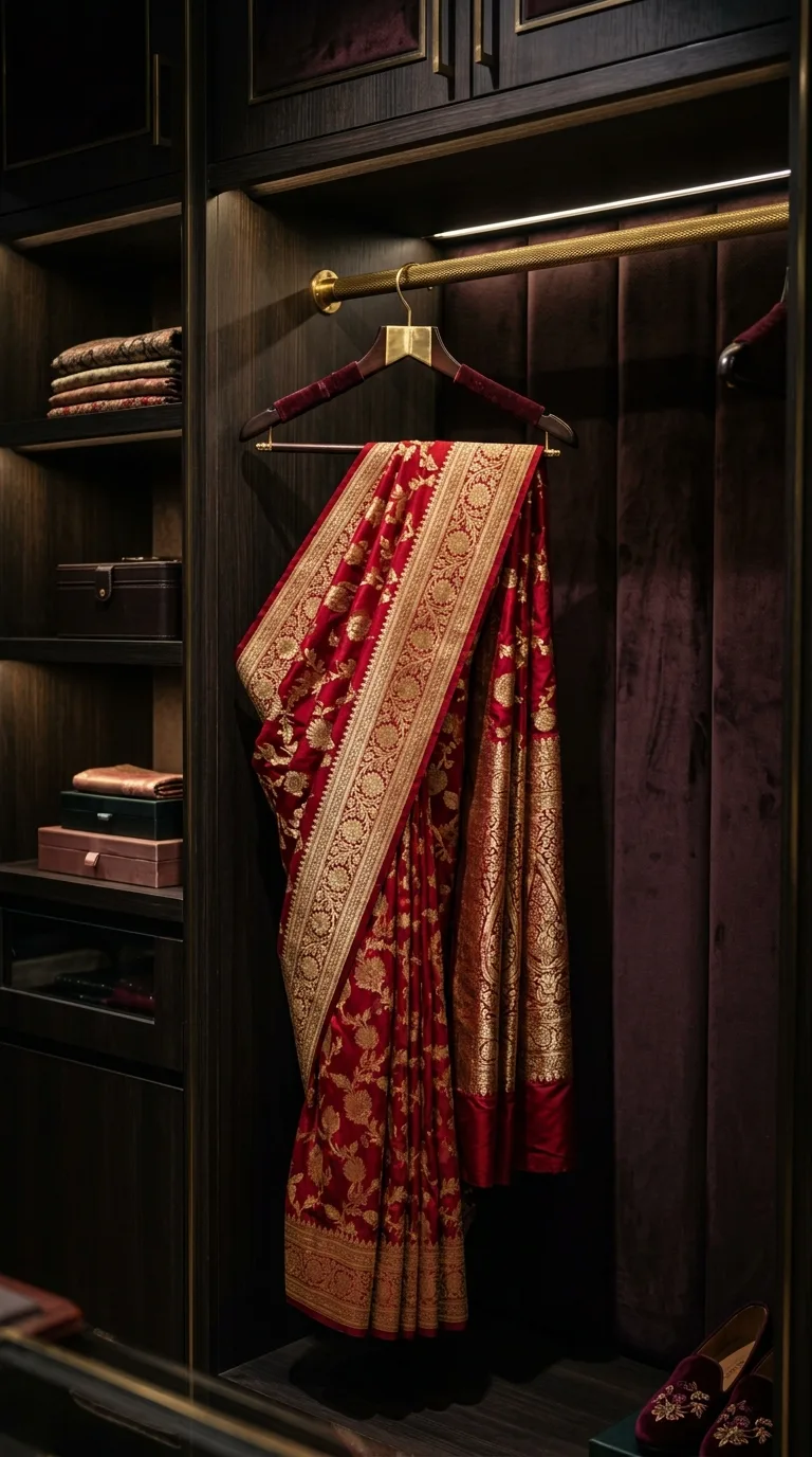 Luxury Banarasi silk saree hanging in a modern walk-in closet with padded muslin hanger.