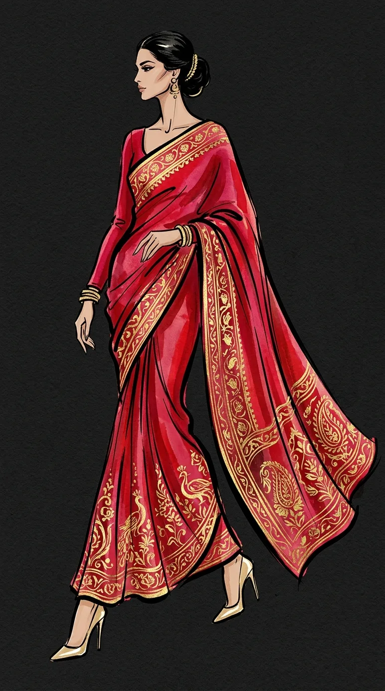 Haute couture fashion illustration of a luxury Banarasi silk saree draped with elegant high heels on deep obsidian velvet canvas.