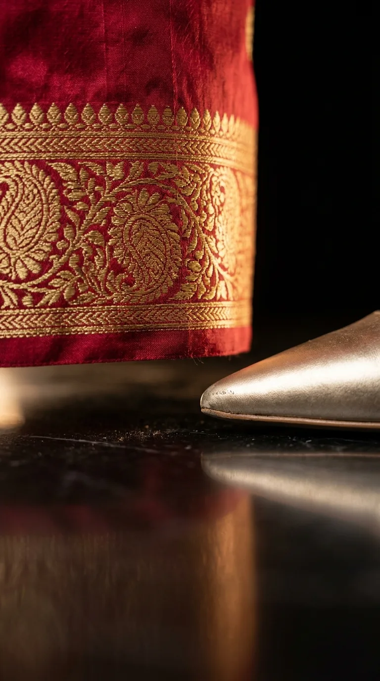 Macro photograph of 24K gold Banarasi zari border floating exactly 1 inch above Italian marble floor next to luxury stiletto