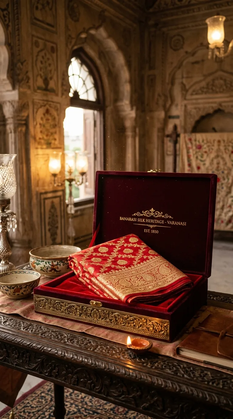 Opulent Banarasi silk saree preserved in a velvet heritage gift box with warm palace lighting