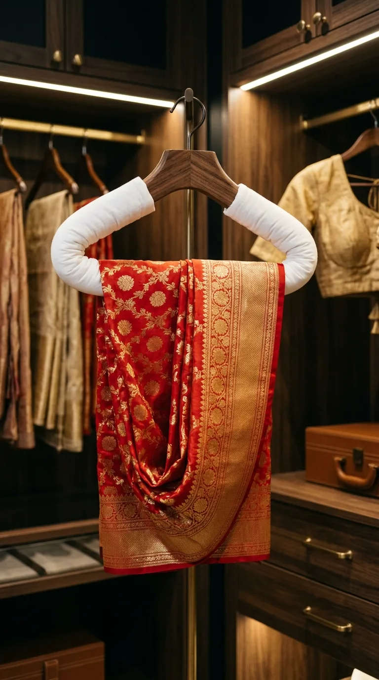 Cinematic photograph of a wide wooden hanger wrapped in thick soft white cotton muslin cloth padding