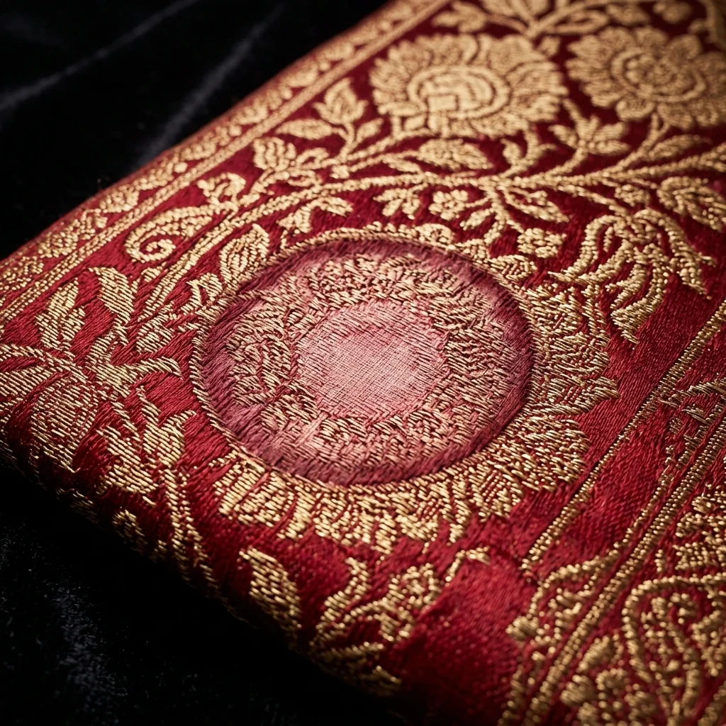 Extreme macro photograph showing permanent bleached watermark rings and capillary tide-marks on pure silk caused by direct perfume alcohol spray.