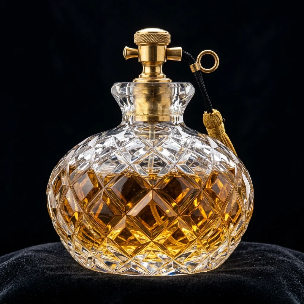Luxury Eau de Parfum flacon resting beside draped handloom Banarasi silk