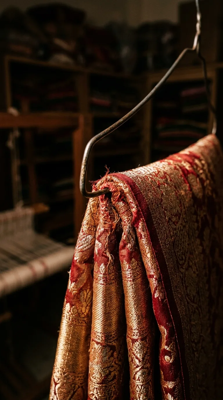 Macro photograph of a thin metal wire hanger sharply pinching into the folded silk fabric of a heavy Banarasi saree