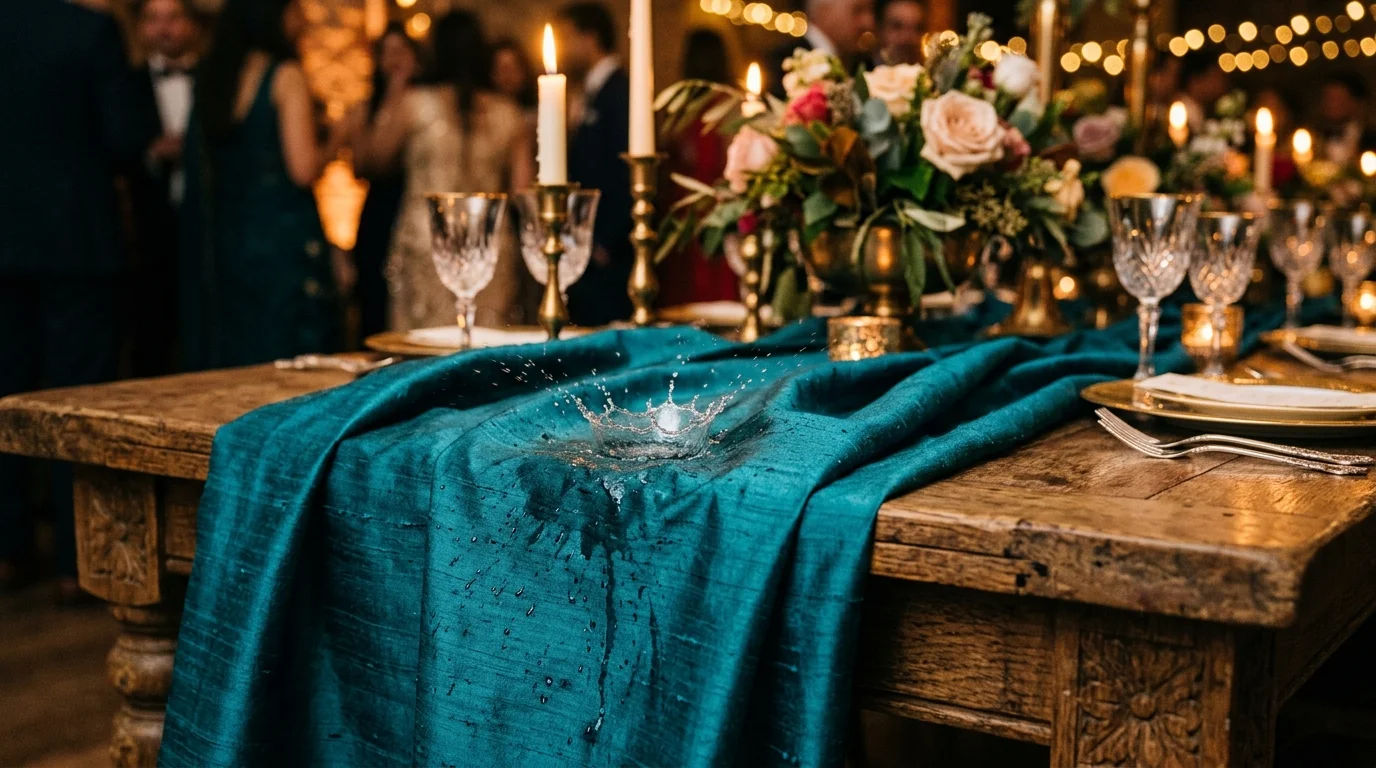 Editorial photograph of an accidental water splash on draped royal peacock teal handloom silk on a banquet table