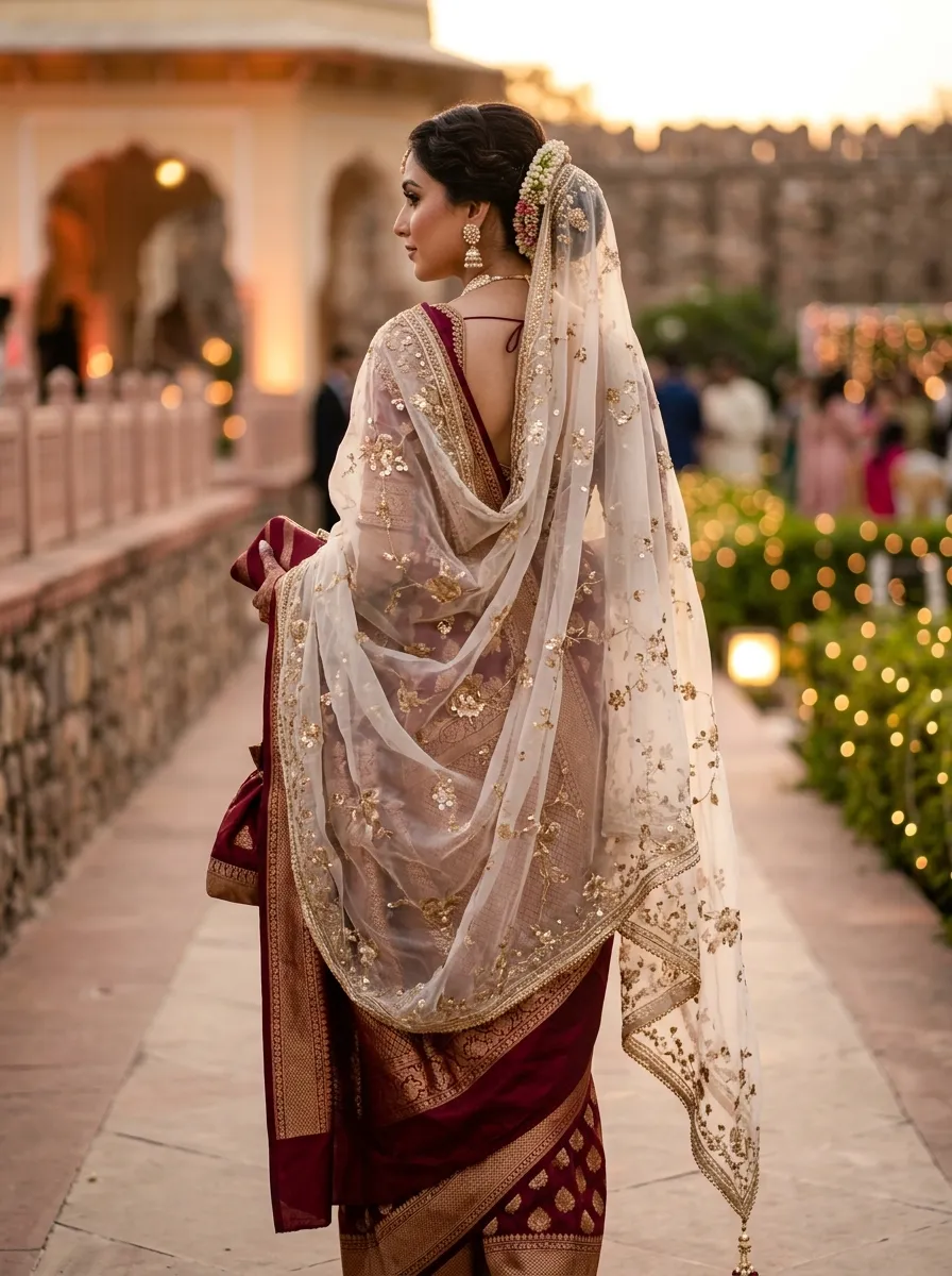 Woman styled from the back showing a delicate dupatta draped over a Banarasi saree