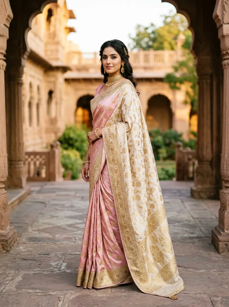 A highly editorial photograph of a beautiful Indian woman wearing a pastel pink Banarasi silk saree with an ivory and gold dupatta.