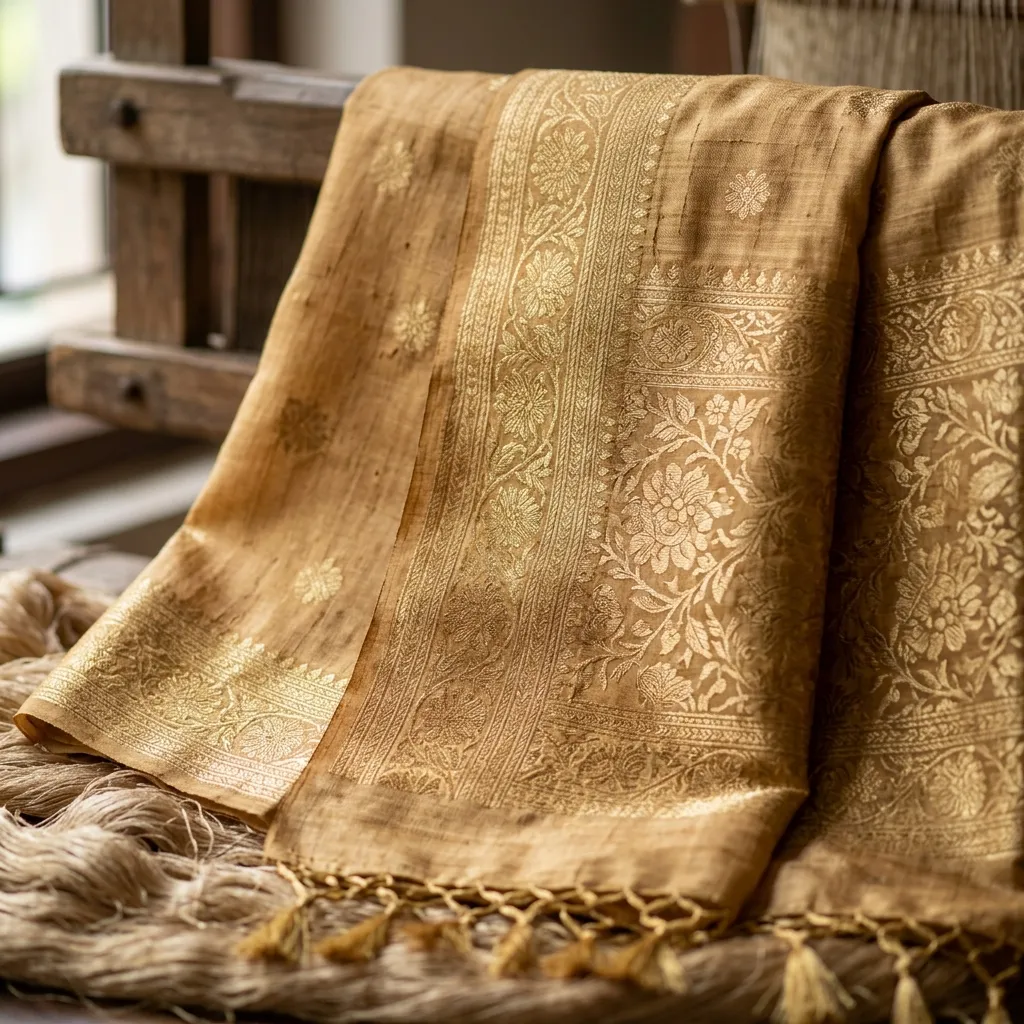 A beautiful close-up of a Tussar Silk Banarasi saree in a natural golden honey tone