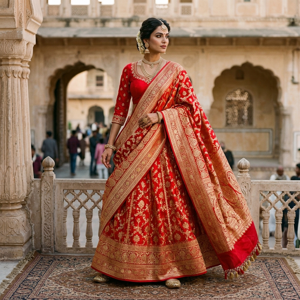 A majestic lehenga skirt crafted from an upcycled red vintage Banarasi silk saree