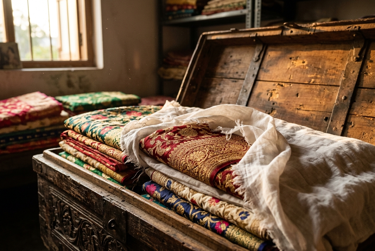 A nostalgic macro shot of an antique wooden trunk opened to reveal layers of rich Banarasi silk sarees partially wrapped in soft white muslin cloth for preservation