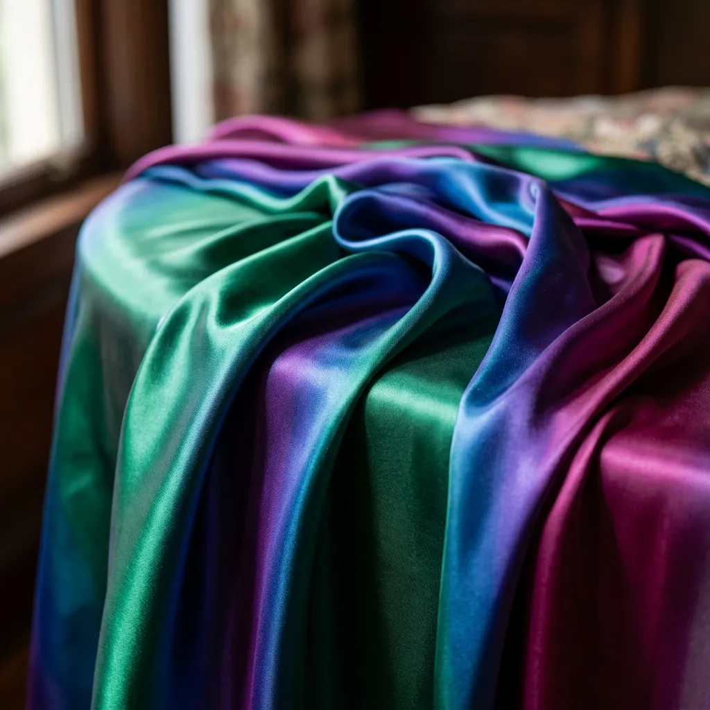 A beautiful close-up of vibrant, shiny silk-like fabric draped elegantly