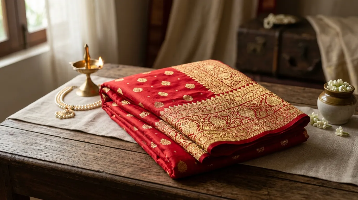 A highly editorial and cinematic photograph of a vibrant red and gold Banarasi silk saree folded elegantly.