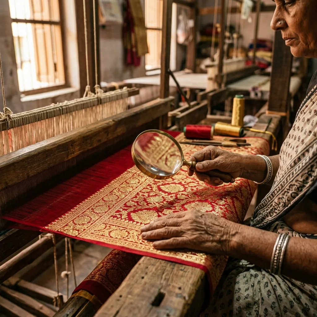 Artisan hands using a magnifying glass to inspect the authentic gold zari motifs of a pure Banarasi silk saree.