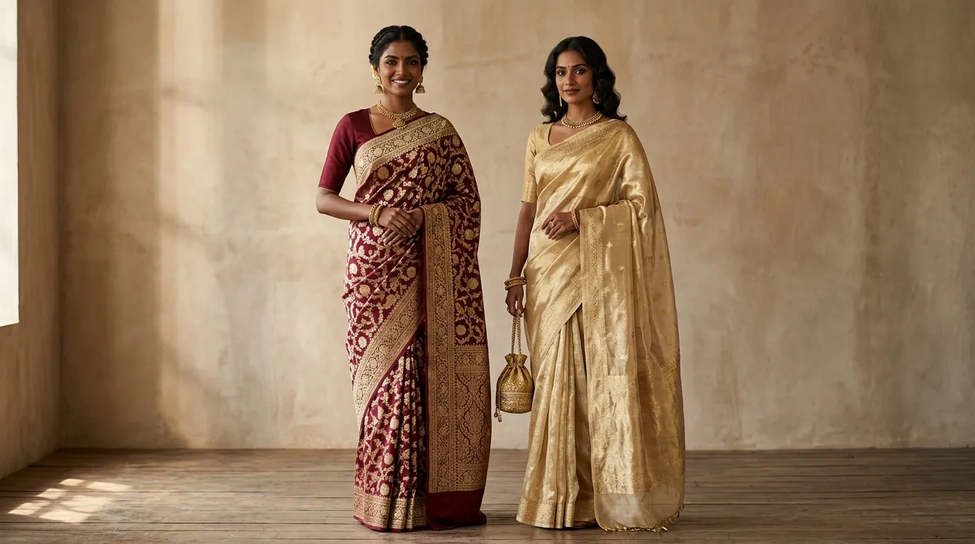 Two women standing side by side wearing Katan Silk and Tissue Silk Banarasi sarees