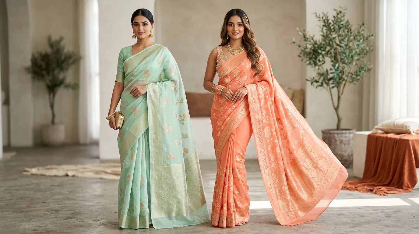 Two women modeling a structured Organza Banarasi and a fluid Khaddi Chiffon saree