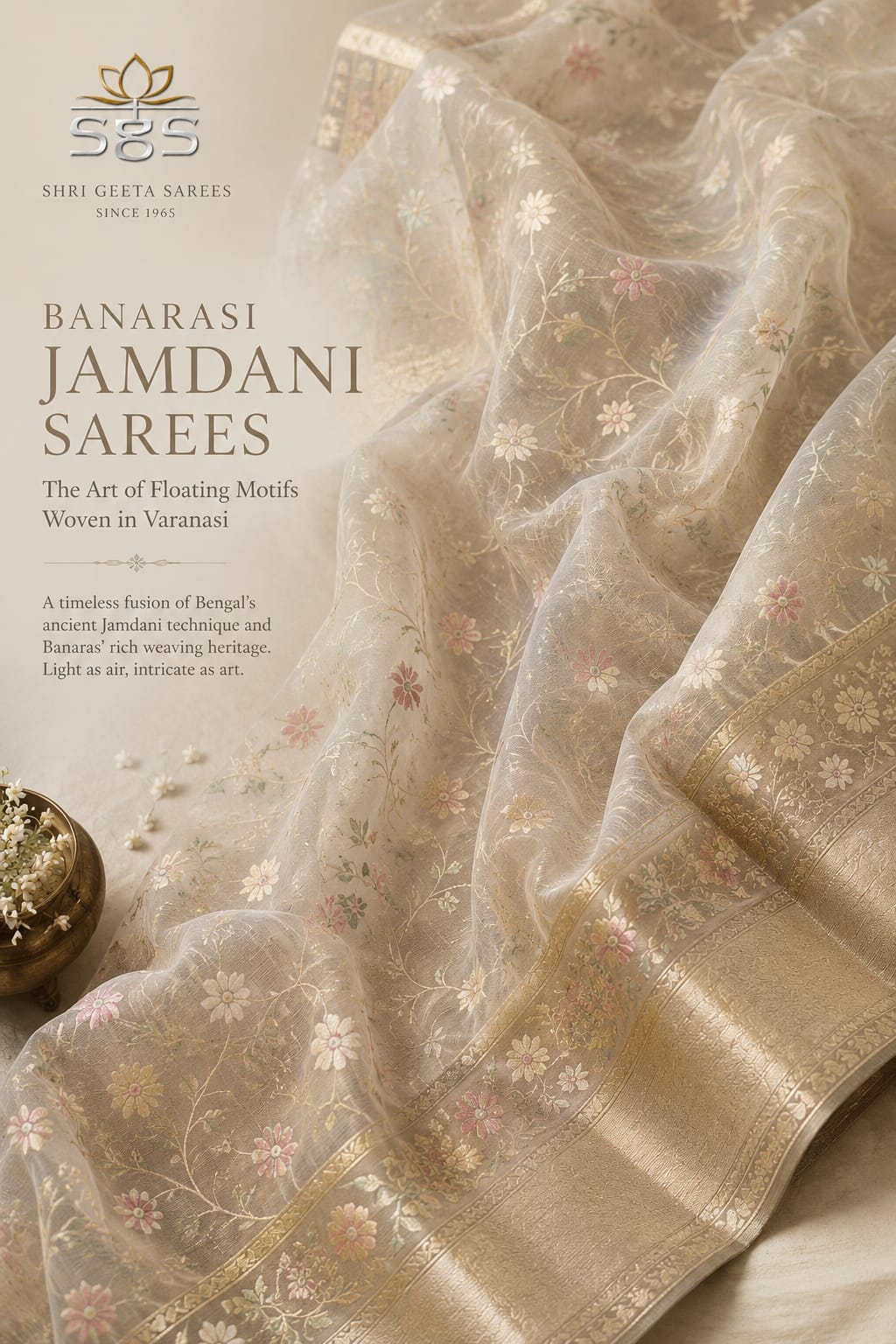 Elegant Banarasi Jamdani Saree with floating floral motifs