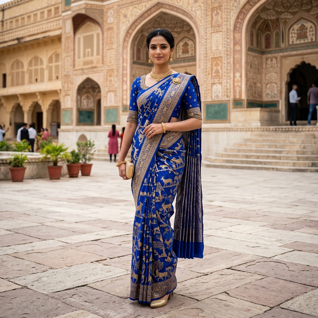 Classic Nivi Drape on a Cobalt Blue Banarasi Saree
